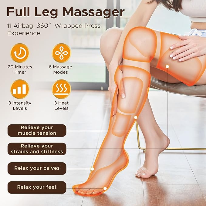 Leg Massager Air Compression Massager with 3 Level Full Leg Heat 6 Modes &amp 3 Intensities for Foot Calf Knee＆Thigh and Muscles Relaxation