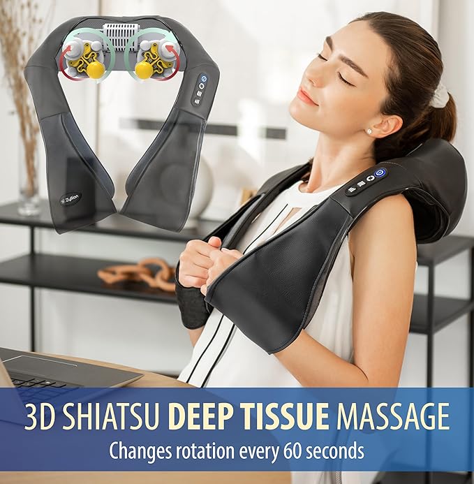 Zyllion Shiatsu Neck and Back Massager with Heat - Cordless Rechargeable 3D Electric Kneading Deep Tissue Massage for Muscle Pain Relief Black ZMA-28RB