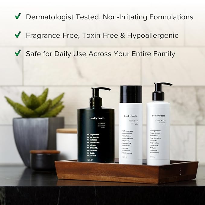 Boldly Basic Fragrance Free Body Wash Lotion and Shampoo - Gentle on Sensitive Skin and Hair - Unscented - Dermatologist Tested - No Sulfates Parabens or Gluten - Hypoallergenic