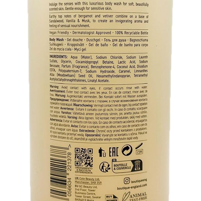 Boutique Sandalwood &amp Vetiver Body Wash 33.8 fl oz 96% Natural Essential Oils Vegan Soap Free