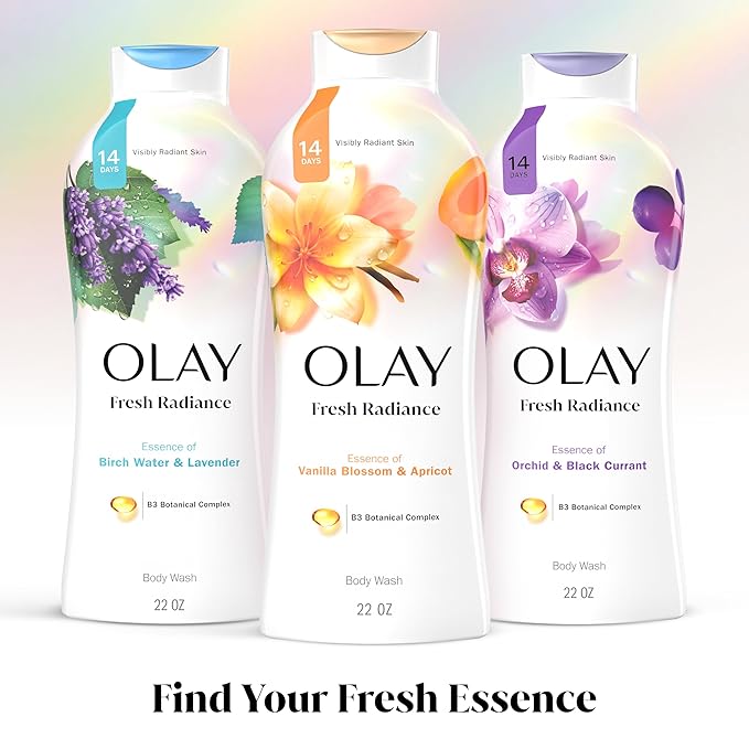 Olay Body Wash for Women Fresh Radiance Refreshing &amp Renewing Made with Plant Based Cleansers B3 Botanical Complex For All Skin Types Vanilla Blossom &amp Apricot Scent 22 fl oz (Pack of 4