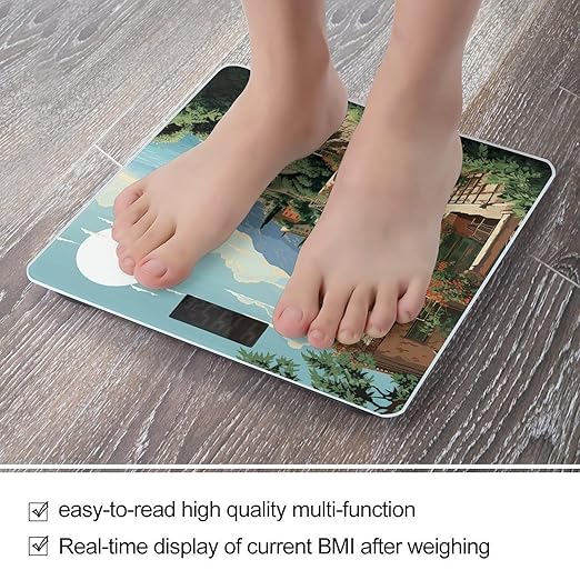 Mediterranean Summer Scale for Body Weight Anti-Slip Tempered Glass Digital Bathroom Scales Clear LCD Display Weighing Scale Safe Rounded Corners Smart Scales