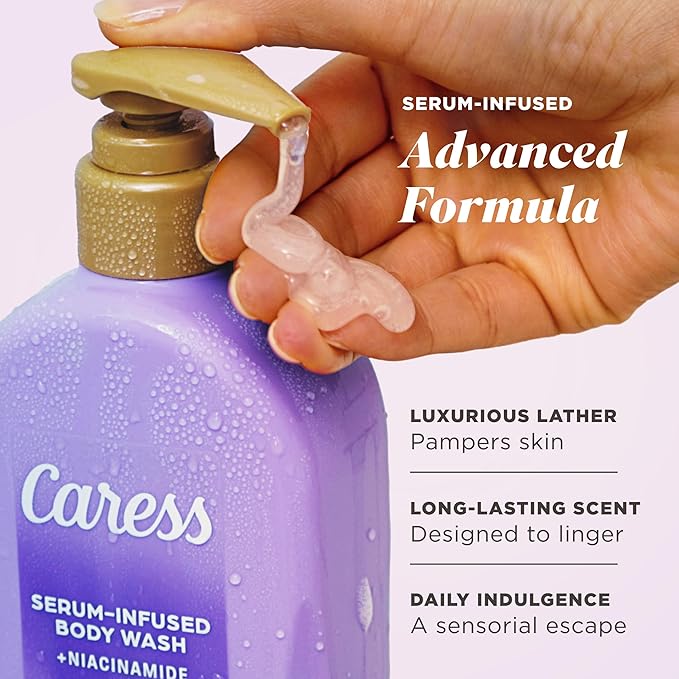Caress Creamy Vanilla Blossom Moisturizing Body Wash with Pump Serum-Infused Formula with Niacinamide Sweet Musky Long Lasting Fragrance Dermatologist Tested 20 fl oz (4 Pack)