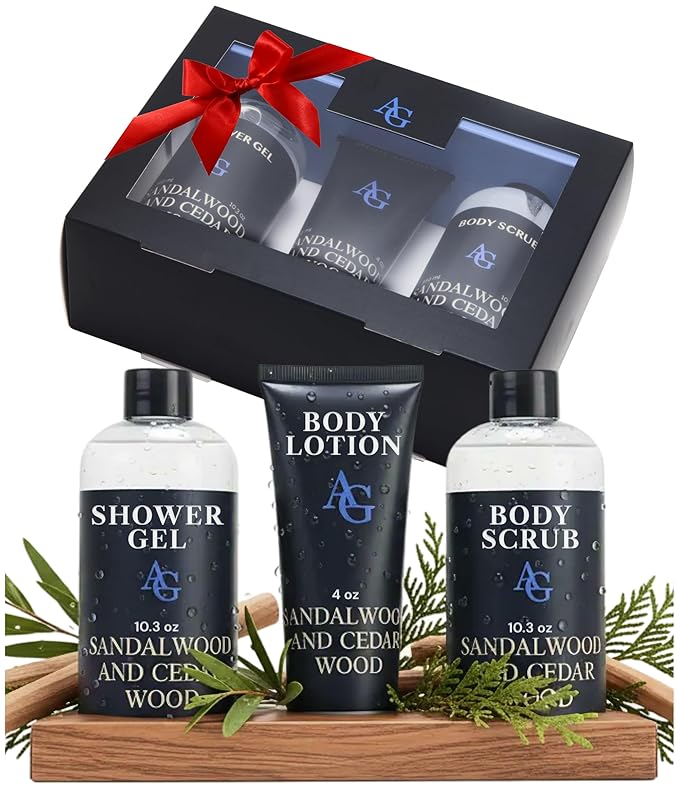 Shower Kit Men Bath and Body Gift Set For Him - Shower Gel Body Scrub &amp Body Cream Sandalwood &amp Cedar Scent 3 pcs 720ml - Skin Care Kit Fathers Day Birthday Idea for Him
