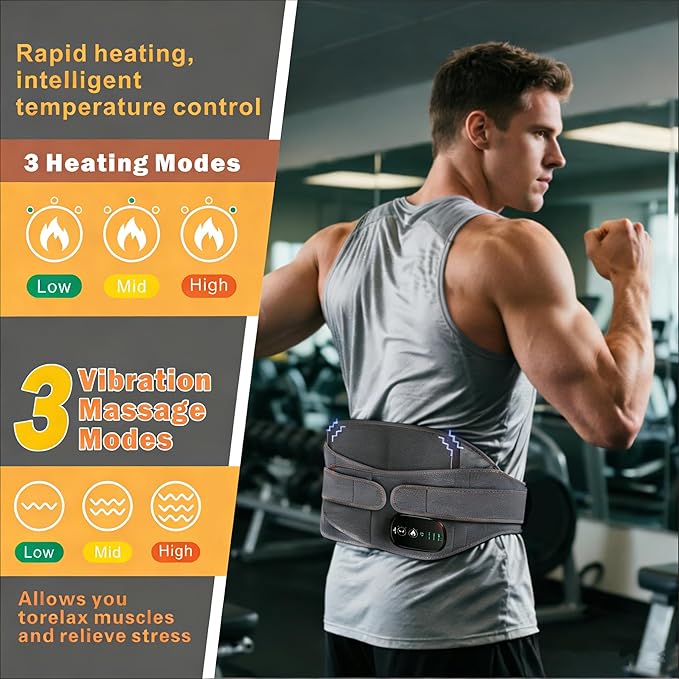 Lower Back Massager Waist Belt - Red Light Therapy 3 Heating &amp Vibration Levels Touchscreen Control Adjustable Size Multi-Use Heating Pad for Back/Stomach/Neck Pain Relief Heated Back Brace