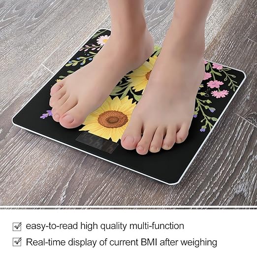 Sunflowers Wild Flowers Weight Scale Large Digital Bathroom Scales with Bright LED Display Non Slip Digital Scale and Step On Fashion Weighing Machine for Body