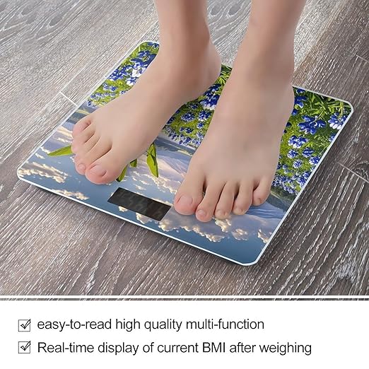 Bluebonnets Scenery Bathroom Scale Automatic Power On/Off Body Scales LCD Backlight Display Square Digital Scale Rounded Corners Bathroom Scales for Home Bedrooms