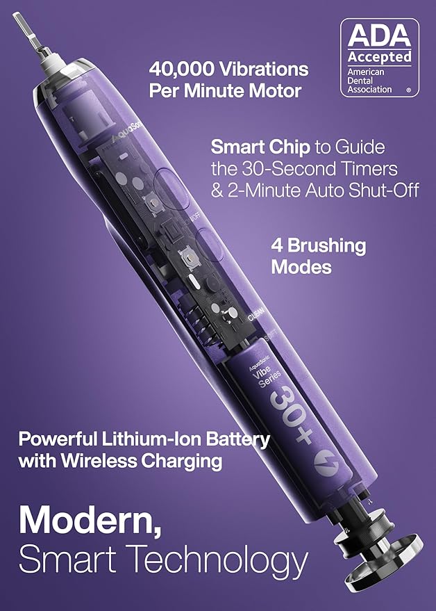 Aquasonic Vibe Series Ultra-Whitening Toothbrush – ADA Accepted Electric Toothbrush - 8 Brush Heads &amp Travel Case – 40000 VPM Motor &amp Wireless Charging - 4 Modes w Smart Timer – Satin Violet