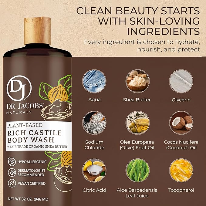 Dr. Jacobs Naturals Castile Shea Butter All-Natural Body Wash for Moisturizing Dry and Sensitive Skin with Plant-Based Ingredients with Pump - 32 Ounce