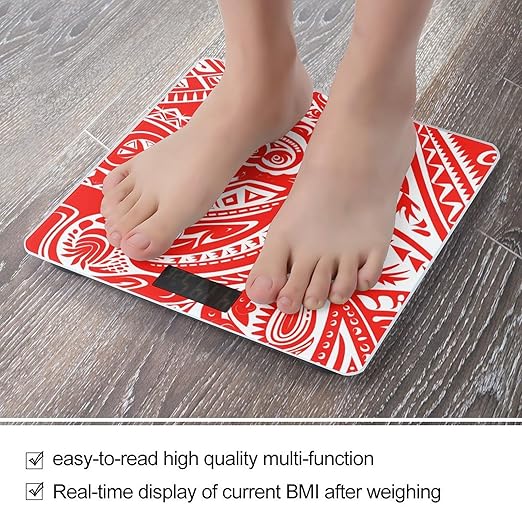 White and Red Tribal Pattern Scale for Body Weight Anti-Slip Tempered Glass Digital Bathroom Scales Clear LCD Display Weighing Scale Safe Rounded Corners Smart Scales