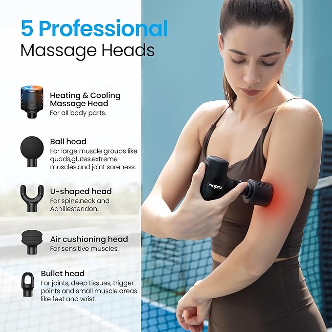 NAPRE 3-in-1 Mini Massage Gun with Heat and ColdDeep Tissue Back Massage with Detachable Handle for Neck/Body Pain ReliefPortable Handheld Percussion Muscle MassagerSmall &amp Quiet5 Headswith C