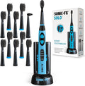 Sonic-FX Solo Electric Toothbrush w/ 10 Brush Heads + 1 Interdental Charcoal Bristles Rechargeable Charging/Storage Base 3 Brush Modes Smart Timer 2 Months Use on Full Charge Blue Color