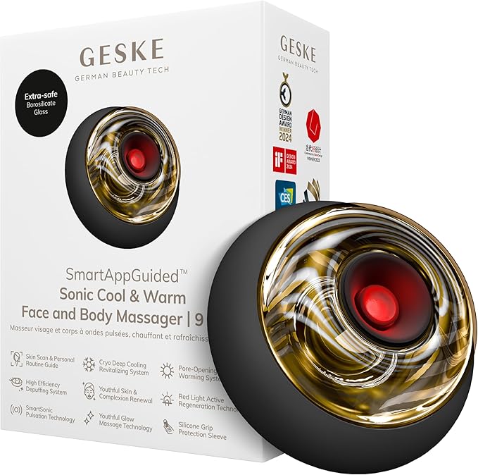GESKE SmartAppGuided™ Sonic Cool &amp Warm Face &amp Body Massager | 9 in 1 | Electric Massager | Face &amp Body | Battery-Free Cooling &amp Warming | Firms Relaxes &amp De-Puffs Skin | with Sma