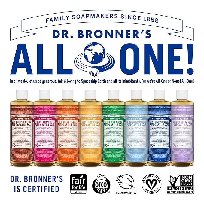 Dr. Bronner's Pure-Castile Magic Soap Liquid (Almond 16 Ounce) - Made with Regenerative Organic Certified Oils 18-in-1 Uses: Face Body Hair Laundry Pets and Dishes Concentrated Vegan Non-GMO