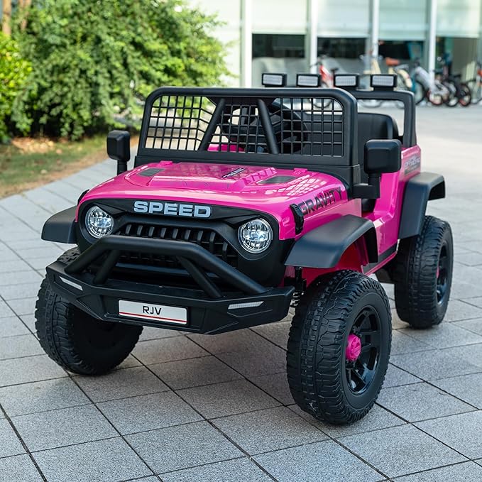 12V 7AH 4WD Kids Ride-On Truck Electric Off-Road Car with Remote &amp Pedal Control LED Lights Music USB Safety Belt 4-Wheel Suspension Adjustable Speeds Outdoor Gift for Boys Girls Magenta