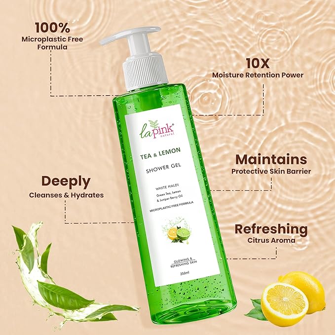 La Pink Tea &amp Lemon Shower Gel with White Haldi | For Glowing &amp Refreshing Skin | 100% Microplastic Free Formulation 250 ML