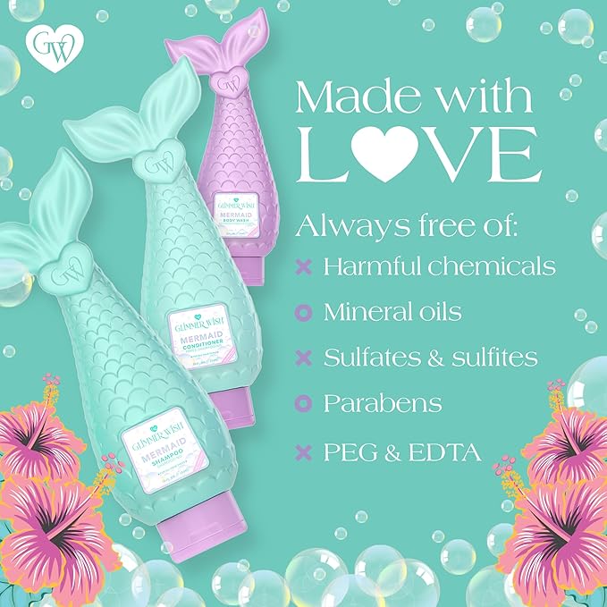 Glimmer Wish Premium Mermaid Shampoo + Conditioner + Body Wash Vanilla Cotton Candy Scent Dermatologist Tested Sulfate &amp Sulfite Free Paraben Free PEG &amp EDTA Free 100% Vegan Cruelty &am