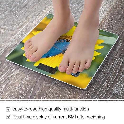 Sunflower Blue Butterfly Scale for Body Weight Sturdy Tempered Glass Weighing Scales with LCD Display Accurate Digital Bathroom Scale Convenient Body Fat Smart Scales 400lb