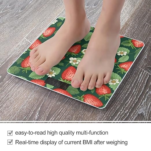 Fresh Strawberries and Leaves Scale for Body Weight Sturdy Tempered Glass Weighing Scales with LCD Display Accurate Digital Bathroom Scale Convenient Body Fat Smart Scales 400lb