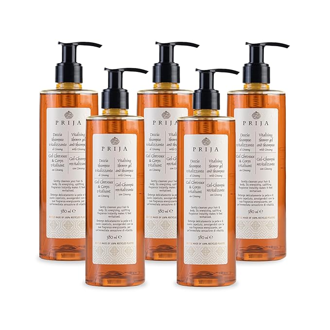Prija Vitalizing 2 in 1 Shower Gel and Shampoo with Ginseng Extract Hydrating and Energizing Hair and Body Wash Gel with Pump Dispenser Luxurious Shower Gel 5 x 12.85 Fl. Oz