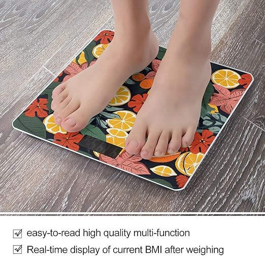 Colorful Tropical Leaves and Lemons Scale for Body Weight Highly Accurate Digital Bathroom Scale Sturdy Tempered Glass Weighing Scales with LCD Display Fashion Body Fat Smart Scales 400lb