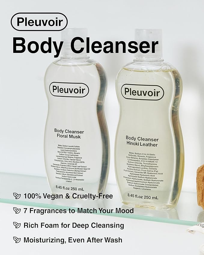 Pleuvoir Luxury Perfume Body Wash Floral Musk - French MANE Fragrance (Tuberose Iris &amp Musk) -Rich Moisturizing Foam with 8 Types Hyaluronic Acid Ceramides Shower Gel for Dry Skin 8.45 fl.oz
