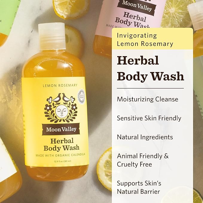 Herbal Body Wash Lemon Rosemary by Moon Valley All Natural Ingredients No Parabens Vegan Moisturizing Essential Oils Two Pack
