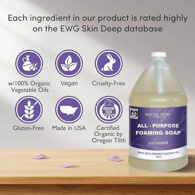 SoCal Suds &amp Company Organic Foaming Hand &amp Body Wash – Moisturizing Natural Baby Face &amp Sensitive Skin Wash Lavender 128oz + 8oz Sea Glass Foaming Glass Bottle w/Heart Silicone Sleeve