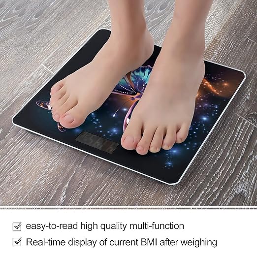 Butterfly and Stars Bathroom Scale for Body Weight Bathroom Weighing Scale with Backlit LCD Display Highly Accurate Measures Weight Up to 180kg