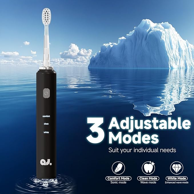 New Wave Oscillating Electric Toothbrush Vibrating Wave Oral Brush IPX7 Waterproof Type-C Gifts for Adults and Kids Includes 3 Brush Heads and Wall Mount Bracket Black