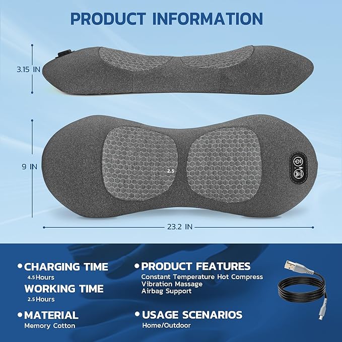 Rechargeable 3 in 1 Lumbar Support Pillow Electric Lower Back Massager Waist Decompression Devices Heat Vibration