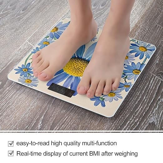 Blue Flower Watercolor Daisy Scale for Body Weight Highly Accurate Digital Bathroom Body Scale Digital Bathroom Scales for People Anti-Slip Large LCD Display Smart Scales