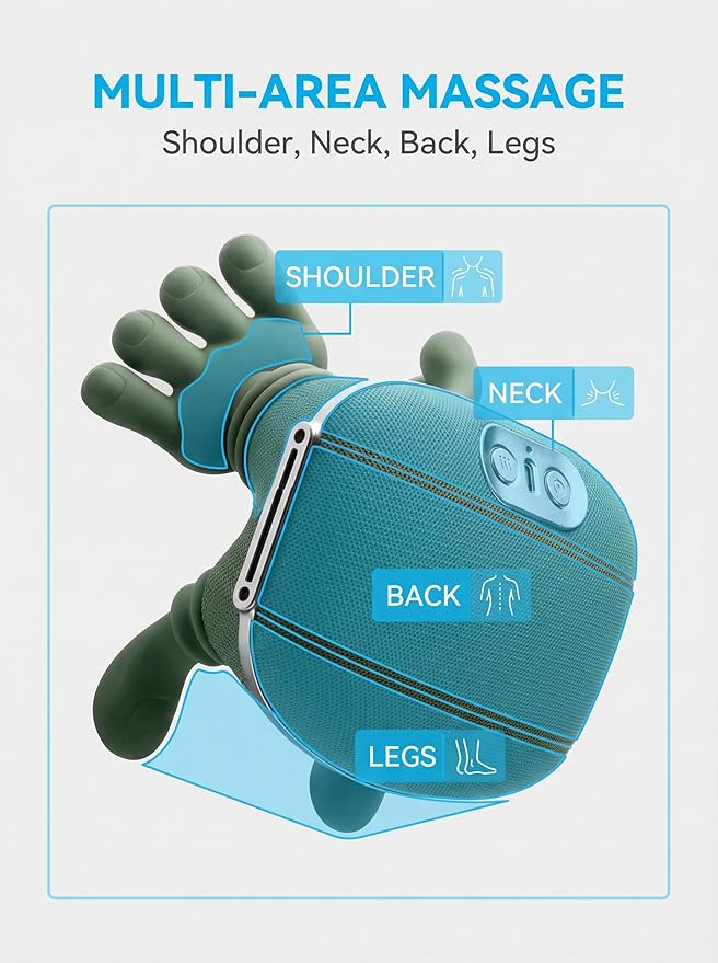 Handheld Electric Massager with Heat 4D Kneading Shoulder and Neck Massager Green Portable Deep Tissue Muscle Relief Brushless Motor