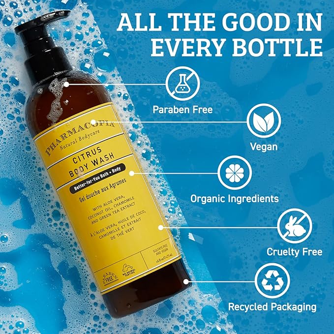 Pharmacopia Citrus Body Wash - Natural Shower Gel Moisturizing and Nourishing Body Cleanser - Infused with Organic Aloe Vera Coconut Oil and Green Tea Extract - Vegan and Cruelty-Free 16 oz