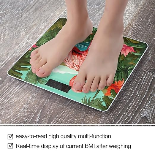 Tropical Flamingo Bathroom Scale Automatic Power On/Off Body Scales LCD Backlight Display Square Digital Scale Rounded Corners Bathroom Scales for Home Bedrooms