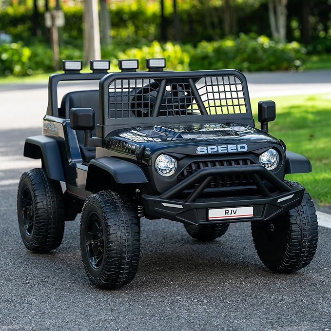 12V 7AH 4WD Kids Ride-On Truck Electric Off-Road Car with Remote &amp Pedal Control LED Lights Music USB Safety Belt 4-Wheel Suspension Adjustable Speeds Outdoor Gift for Boys Girls Black