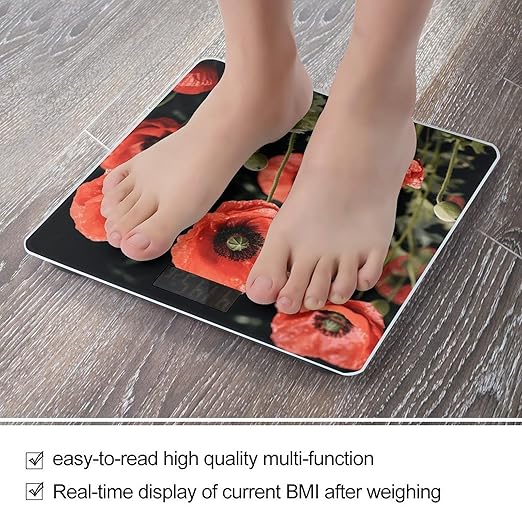 Red Poppy Flowers Leaves Bathroom Scale Rounded Smart Scale for Body Weight Automatic Power On/Off Weight Scales Accurate Bathroom Digital Scales for Pet Home Bedroom Kitchen