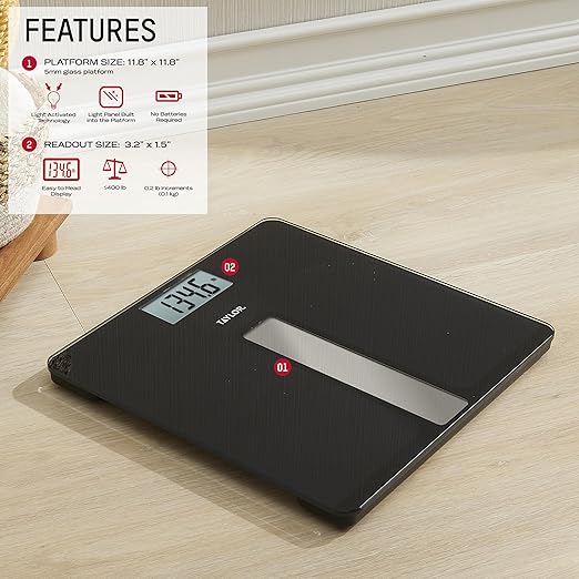 Taylor Light Powered Digital Bath Scale Large and Durable Platform Light Powered Panel with Endless Power No Batteries Needed Energy-Saving Easy to Use High 400 lb Capacity Black