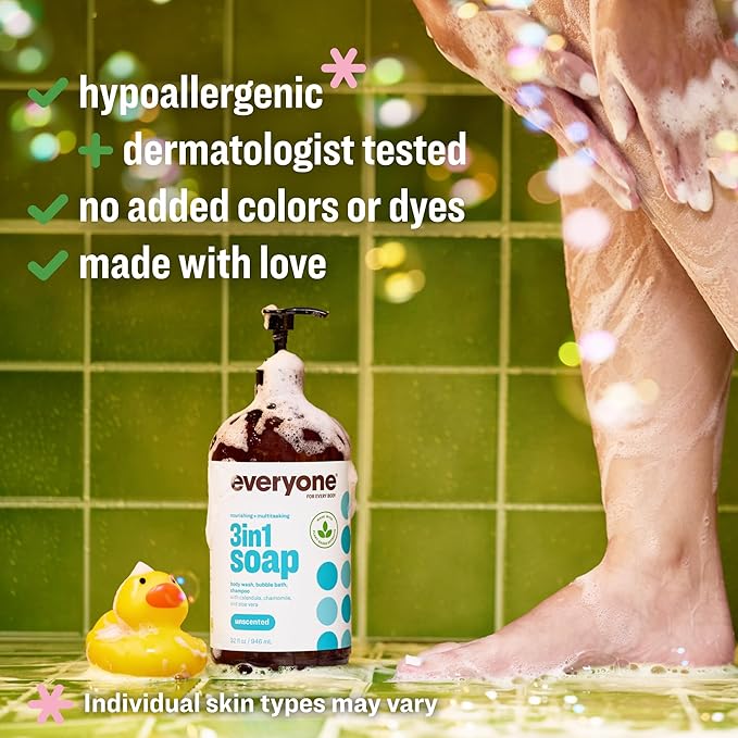 Everyone 3-in-1 Soap Body Wash Bubble Bath Shampoo 32 Ounce (Pack of 2) Unscented made for Men and Women