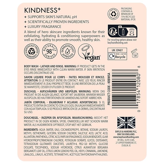 Baylis &amp Harding Kindness + Salicylic Acid Cleanse &amp Glow Dewbury &amp Lime Leaf Fragrance 16.9 fl. oz Body Wash (Pack of 3) - Biodegradable Formula - Vegan Friendly