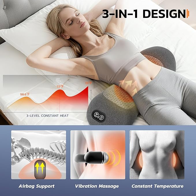 3-in-1 Electric Back Massager Pillow Rechargeable Lumbar Support Cushion with Heat Vibration