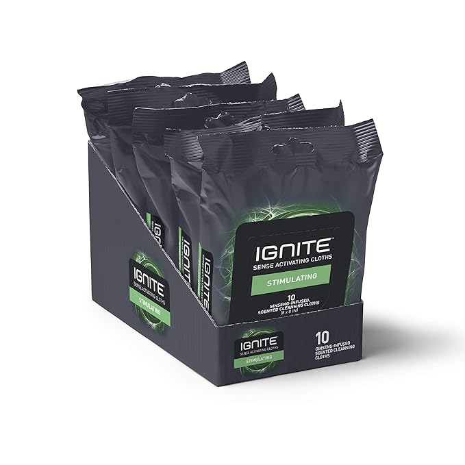 Ignite Mens Body Wet Wipes Extra Thick 8 x 8 Shower Wipes Stimulating Scent 10 Count (Pack of 5)