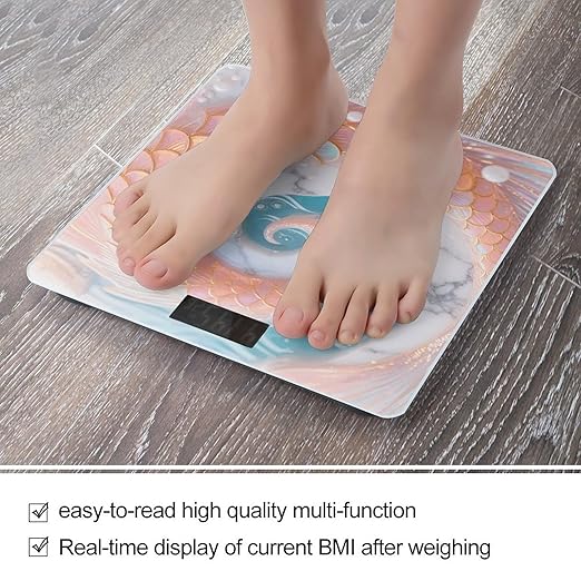 Mermaid Fish Scales Marble Weight Scale Cute Bathroom Scale for Body Highly Accurate Digital Weighing Machine for People Compact LCD Display Scales with Sturdy Toughened Glass Scales