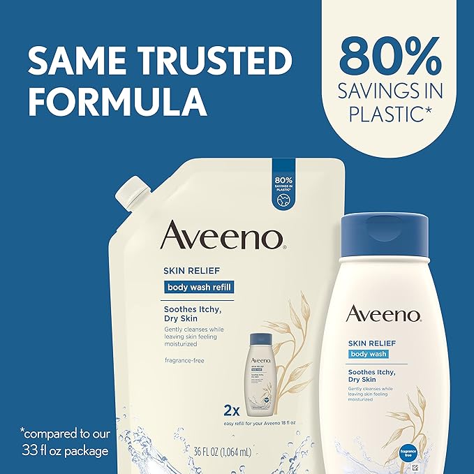 Aveeno Skin Relief Body Wash Fragrance Free Refill 36 Fl. Oz with Aveeno Skin Relief Fragrance-Free Moisturizing Body Wash