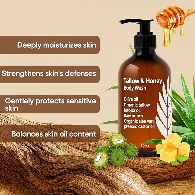 Tallow and Honey Body Wash Grass-Finished Tallow &amp Honey Organic Body Wash -10oz with Grass-Fed Tallow Olive Oil Aloe Vera Shea Butter and Jojoba Oil Clean &amp Hydrate Skin (1)