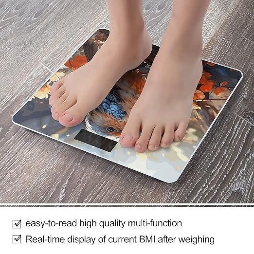Flowers and Birds Digital Bathroom Scale for Body Weight with High Precision Digital Weighing Scale with BMI Clear LCD Display and Step-On Measures Weight Up to 180kg