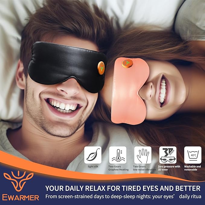 Electric Eye Massage Mask for Dry Eyes Relief Cordless Heated Vibrating Eye Massager Fast Heating RelaxationSilk Sleep Eye Mask100% Light BlockLight&ampPortable (Black)