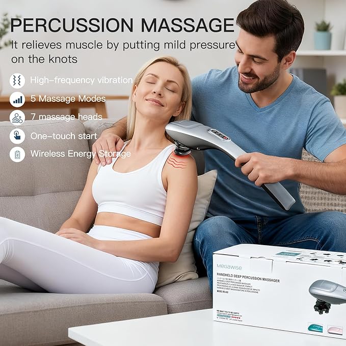 MEGAWISE Handheld Back Massager | Deep Tissue Percussion Massage for Back Neck Shoulders Waist and Legs (Cordless Silver)