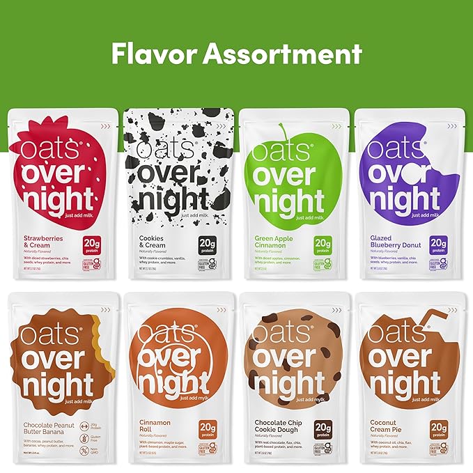Oats Overnight Party Variety Pack - High Protein High Fiber Breakfast Protein Shake - Gluten Free Oatmeal Non GMO Oatmeal - Cookies &amp Cream Coconut Cream Pie &amp More Flavors (8 Pack)