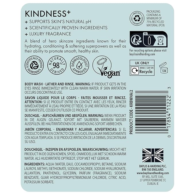 Baylis &amp Harding Kindness + Hyaluronic Acid Pear &amp Orange Blossom Fragrance 16.9 fl. oz Cleanse &amp Hydrate Body Wash (Pack of 3) - Biodegradable Formula - Vegan Friendly